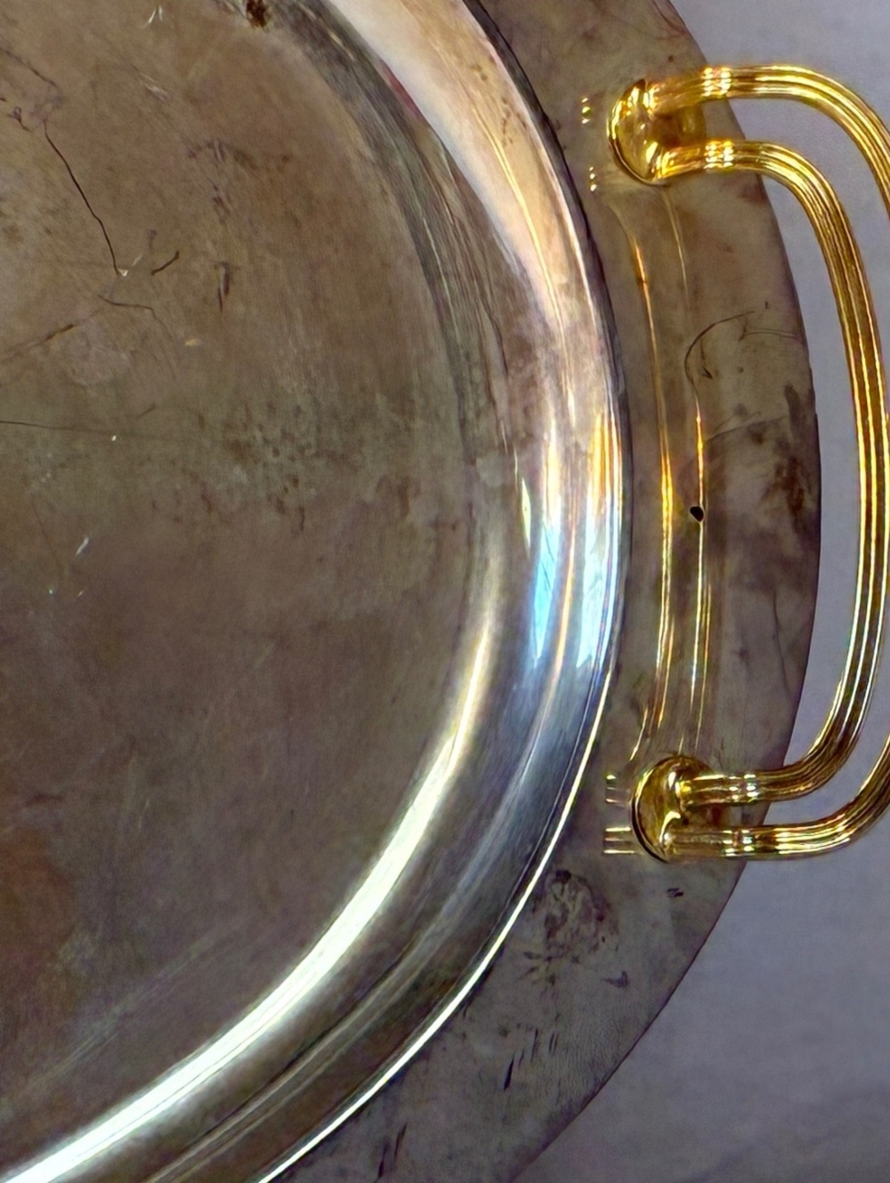 Large Vintage Oval Silver Serving Tray with Ornate Brass Handles - Picture 3 of 6